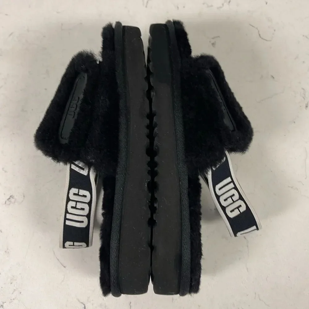 UGG Disco Slide Kids Black Fluffy Sandals - Slippers Size 13